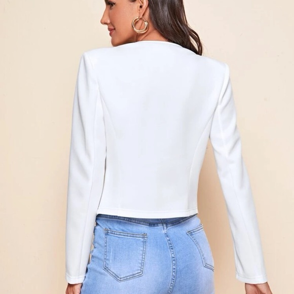 Pointed hem collarless zipper detail blazer jacket business casual hot pink - Picture 5 of 6